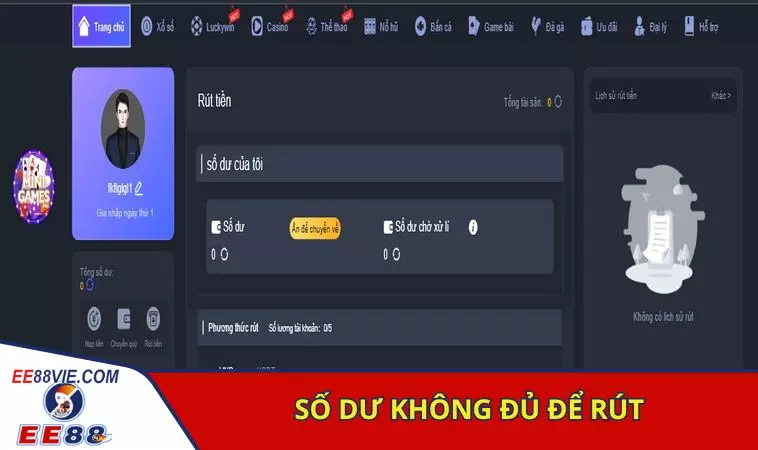 EE88 không rút được tiền vì sao? Có phải lừa đảo không? 2 Số dư không đủ để thanh toán